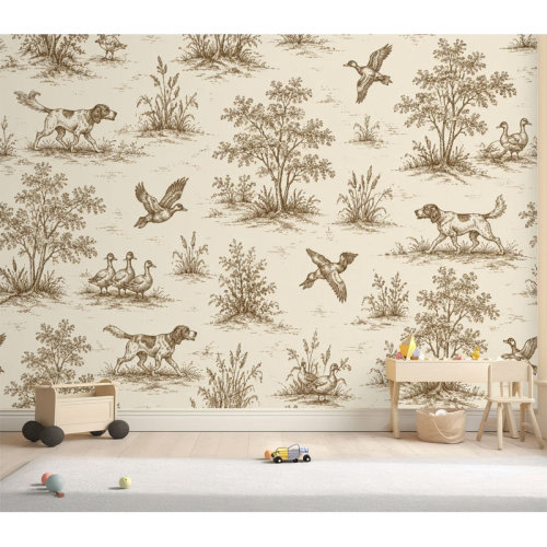 August Grove® Wall Mural Peel and Stick Wallpaper Vintage Hunting Scene Toile Dogs Ducks Trees Self-Adhesive Removable Contact Paper Wall Decor for Living Room Bedroom 69"H x 96"W | Wayfair