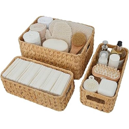 GRANNY SAYS Wicker Baskets for Organizing, Nesting Storage Baskets for Shelves, Waterproof Toilet Basket Tank Topper, 1 Large and 2 Small Wicker Baskets, 3-Paxk