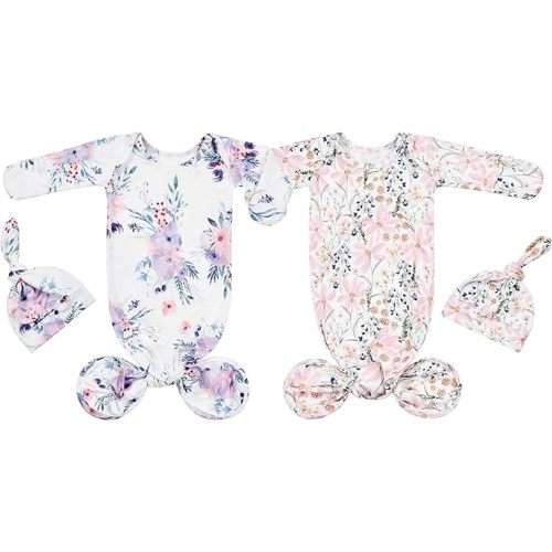 Vollmic Newborn Baby Knotted Sleeper Gown with Mittens Long Sleeve Nightgown Coming Home Outfit with Hat 2 Pieces (Light Pink and Ink Pink, 0-3 month)