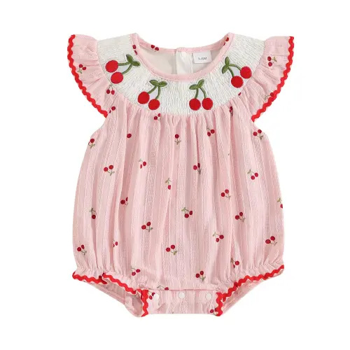 Baby Girls Rompers Cherry Embroidery Round Neck Fly Sleeve Infant Fashion Bodysuits Jumpsuits - TikTok Shop