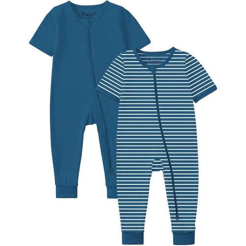 (9-12m) Jimonda Baby Romper 2 Pack Short Sleeve Pajamas Footless Sleepers Baby Boys Girls 2 Way Zipper Pjs Sleep and Play Clothes