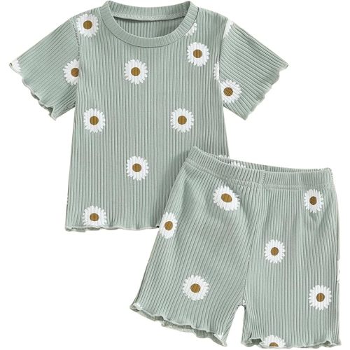 Kupretty Toddler Baby Girl Summer Clothes Ruffle Ribbed Knit Short Sleeves T-Shirt Tee Tops + Shorts Cute Outfits Set