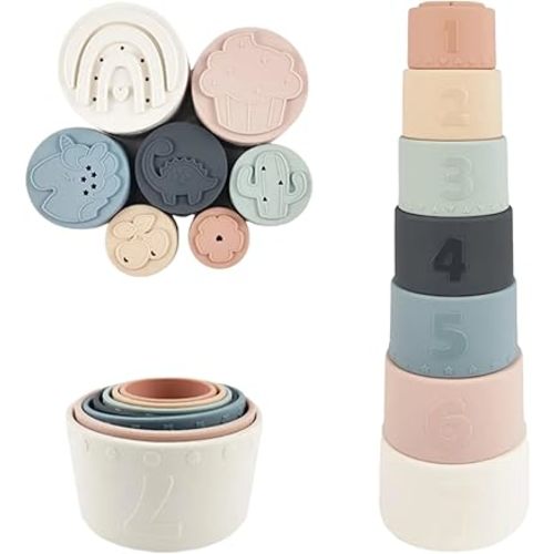 Moonkie Stacking Cups Toy, Fun Educational Baby Toys Silicone Soft Teething Toy, Age 6+ Months, 7 Piece Set