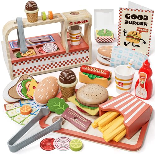 Lehoo Castle Wooden Play Food Sets, Play Hamburger Counter Shop, Toy Food for Toddlers, Play Food Sets for Kids Kitchen, Fake Food Pretend Play for Toddlers 3-5