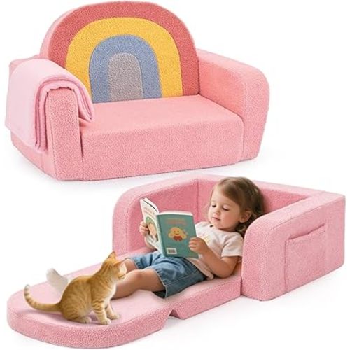 Kids Couch, 2-in-1 Soft Toddler Couch Fold Out with Blanket, Comfy Toddler Chair, Convertible Sofa, Gifts for Kids Girl Boys, Medium Colorful Pink Rainbow
