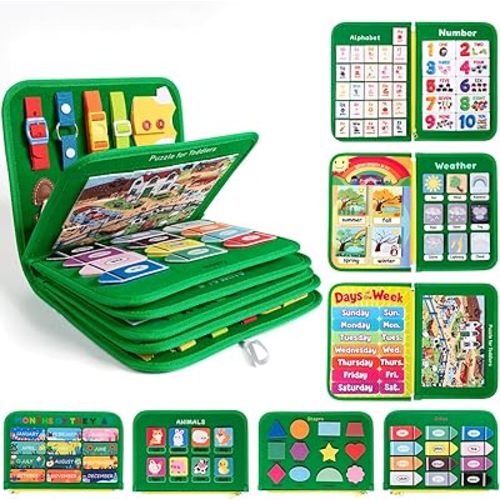 Toddler Busy Board Montessori Toys for Kids, 12-Page Quiet Busy Book, 24 in 1 Educational Activity Sensory Learning Toy Motor Skills, Travel Toys for Car Airplane, Boy Girl Birthday Gifts (Dinosaur)