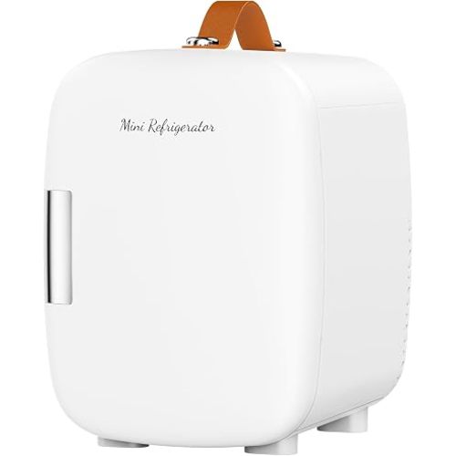 DUMOS Mini Fridge for Bedroom, 4L Compact Personal Fridge Cooler For Skincare, Drinks, And Snacks, Fits 6 Cans, Mini Refrigerator with 110V Ac/12V Dc, Ideal For Car, Dorm, White