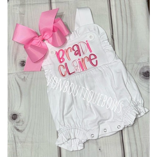 Personalized Baby Romper: pink Embroidered Name, Rainbow Ruffle Sunsuit, Boutique Outfit baby