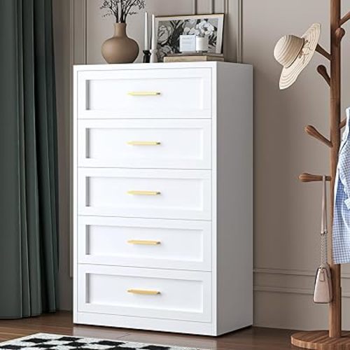 LCAOPC White Metal Dresser with 5 Spacious Drawers, Modern Chest of Drawers with Gold Handles, Metal Chest of Drawers, Dressers & Chests of Drawers for Bedroom, Living Room, Hallway, Office, Closet
