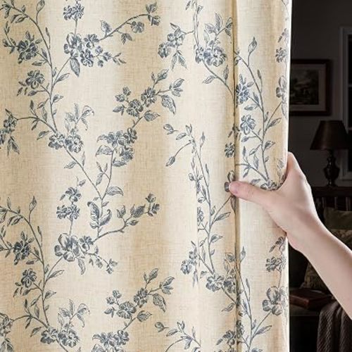 jinchan Linen Blackout Curtains Blue Floral 84 Inch Back Tab 2 Panels