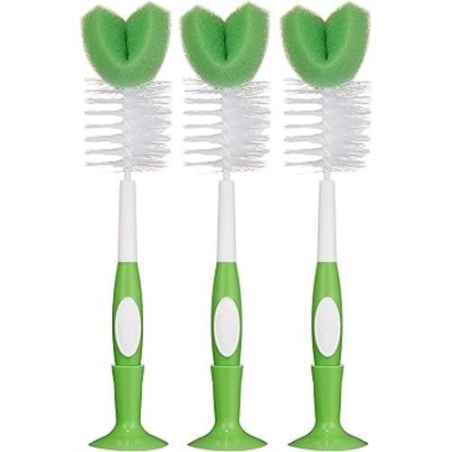 Amazon Brand - Mama Bear Baby Bottle Brush with Nipple Cleaner and Suction Cup Stand, White (Pack of 3)