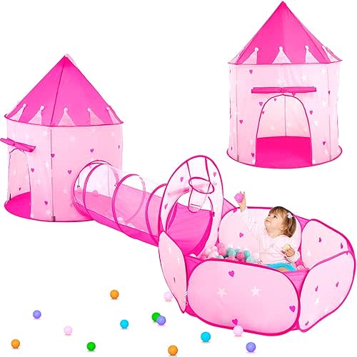 PigPigPen 3pc Kids Play Tent for Girls with Ball Pit, Crawl Tunnel, Princess Tents for Toddlers, Baby Space World Playhouse Toys, Boys Indoor& Outdoor Play House, Perfect Kid’s Gifts