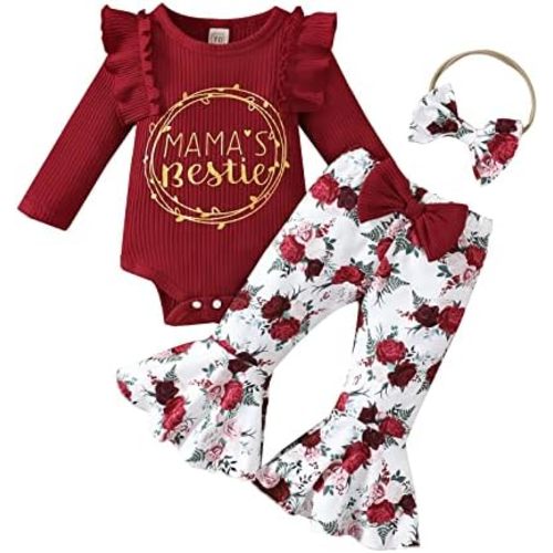 GRNSHTS Newborn Baby Girl Clothes Infant Baby Ruffle Long Sleeve Romper+Floral Flare Pants Bell Bottoms Outfit