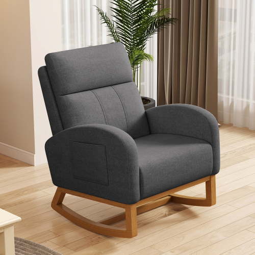Glider Rocking Chair Nursery Comfy Accent Chair with High Backrest Upholstered Living Room Chairs with Side Pocket Armchair Reading Chair for Bedroom Nursery Office, Grey