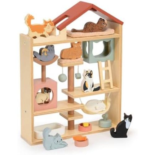 Tender Leaf Toys - Purrfect Stay Cat Hotel - 19pc Wooden Pretend Play Animal Set - Dollhouse Accessory with 9 Kitties - Encourage Imaginative Play, Storytelling and Empathy - Age 3+