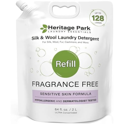 Heritage Park Silk & Wool Fragrance Free, Hypoallergenic, pH-Neutral Laundry Detergent - Dermatologist-tested, Sensitive Skin-Friendly, Enzyme-Free, Ultra Concentrated (64 fl oz Refill)