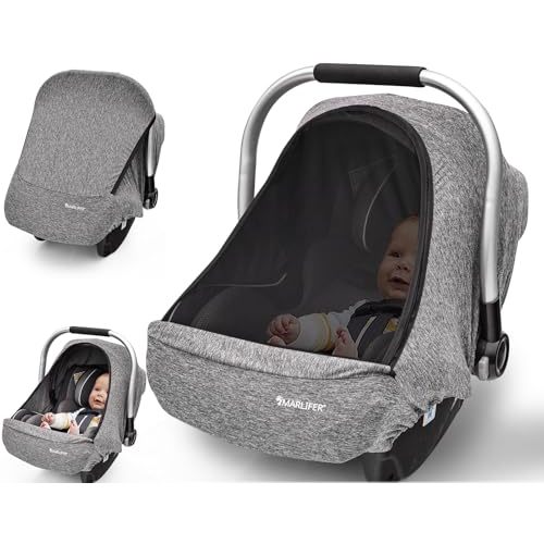 Baby Car Seat Cover, Large Mesh Window, Breathable Fabric, Infant Windproof Canopy, Universal Fit CarSeat Covers for Babies, Machine Washable, Gray