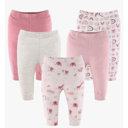 The Peanutshell 5 Pack Baby Girl Pants Set - 100% Cotton Toddler Pants, Sizes 0-24 Months - Rainbow Safari
