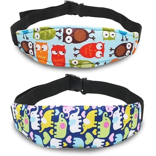 Baby Carseat Head Support,Car seat Straps Pillow Support Ban,Stroller Neck Relief Strap Headrest,Slumber Sling Sleep Positioner for Toddler Infants Child Children Kids（Blue Elephant + Owl）