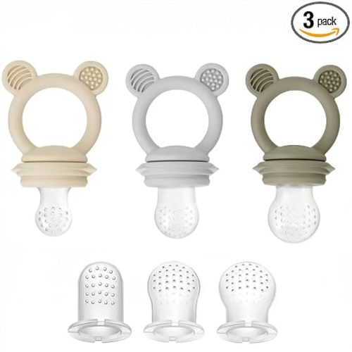 PandaEar 3 Pack Baby Fruit & Food Feeder Pacifier, Silicone Feeder Pacifier with 3 Sizes Pouches for Babies Toddlers Infants Kids, BPA-Free Food Grade Soft Safe (Tan/Grey/Brown)