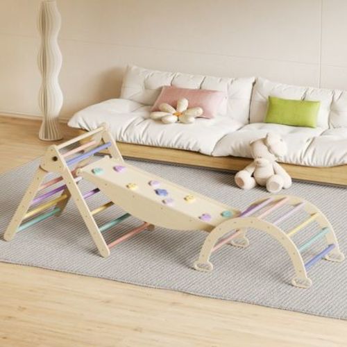 APRILSOUL 5 in 1 Pikler Triangle Set, Baby Climbing Toy Indoor Playground, Montessori Learning Toy with Arch, Ramp, and Climbing Triangle