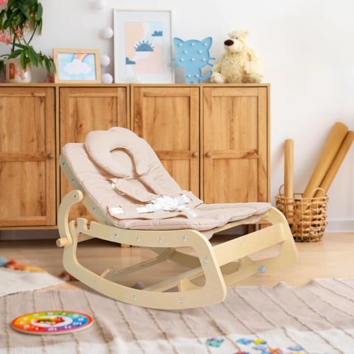 Baby Bouncer,Adjustable Baby Rocker, 3-in-1 Wooden Baby Rocker Chair with 5-Point Harness, Baby Recliner Seat for Infant to Toddlers,Beige
