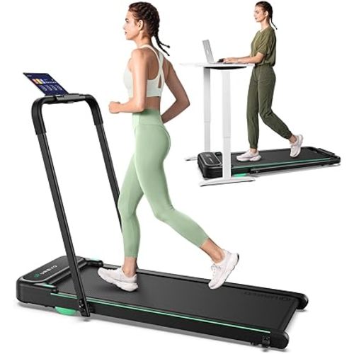 UREVO Strol 2E Smart 2-in-1 Folding Treadmill, Compact Walking Pad with Safety Handle, Plug and Play, Standing Desk Treadmill with Dual LED Display, Smart APP, Walking or Running for Home Office