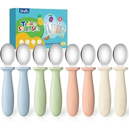 DRKIO 8 PCS Toddler Spoons Set - Baby Spoons with Silicone Handle Children safe 18/8 Stainless Steel Toddler Utensils Set for Self Feeding Kids Silverware Anti-Choke Design Food Grade Dishwasher Safe