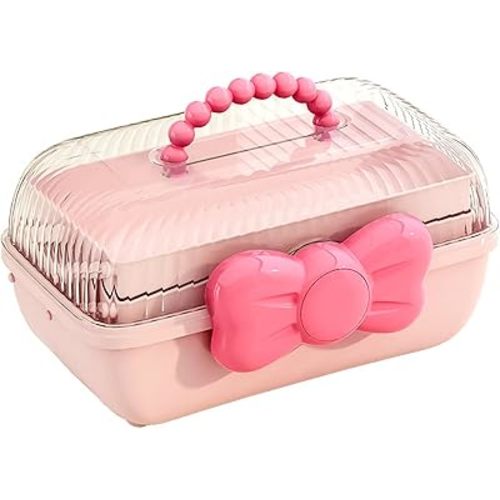 Hair Accessories Organizer for Girls Headbands, Clips, Ties Baby Cute Girl Supplies, Lockable Three-layer Folding Craft Organizers (Pink, 9.65inches*6.1inches*5.91inches)