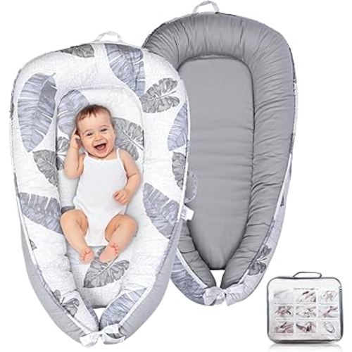Baby Lounger – Infant Lounger for Newborn 0–24 Months, Baby Nest Lounger, Portable Newborn Lounger, Soft Breathable Cotton, Essentials for Babies at Home and Travel (Gray Feather)