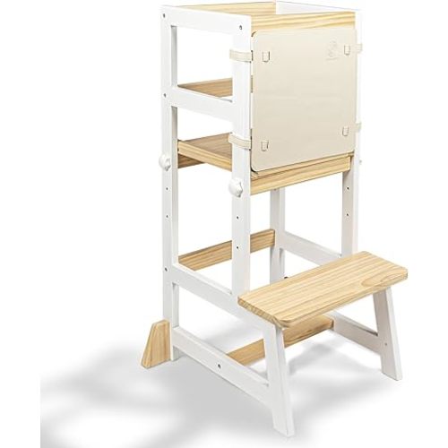 WOOD CITY Kitchen Stool Helper for Kids with Non-Slip Mat, Toddler Standing Tower for Learning, Wooden Toddler Stepping Stool for Counter & Bathroom Sink (White-Burlywood-Adjustable-Adjustable)