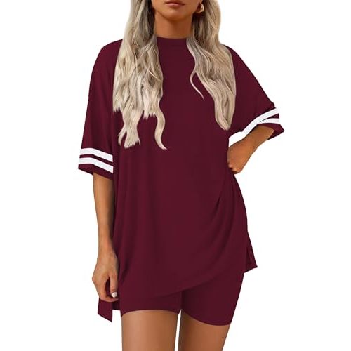 Ekouaer Womens Pajamas 2 Piece Lounge Set Casual Oversized Short Sleeve Tops Biker Shorts Set Comfy Pjs Outfits S-XXL