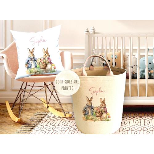 Personalized Rabbit Print Toy Basket: Large Felt Nursery Storage