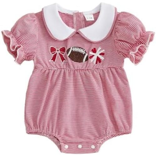Newborn Baby Girl Clothes Football Embroidery Striped Puff Short Sleeve Jumpsuit Rugby Smocked Bubble Outfit