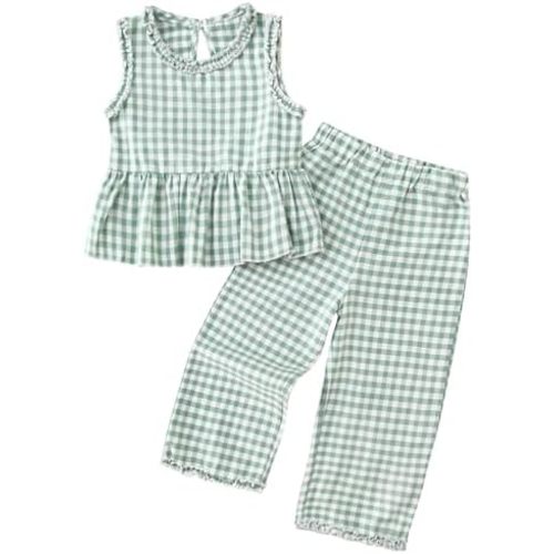 Toddler Girl Clothes Kid Summer Outfit Plaid Sleeveless Vest Shirt Tops Pants Set