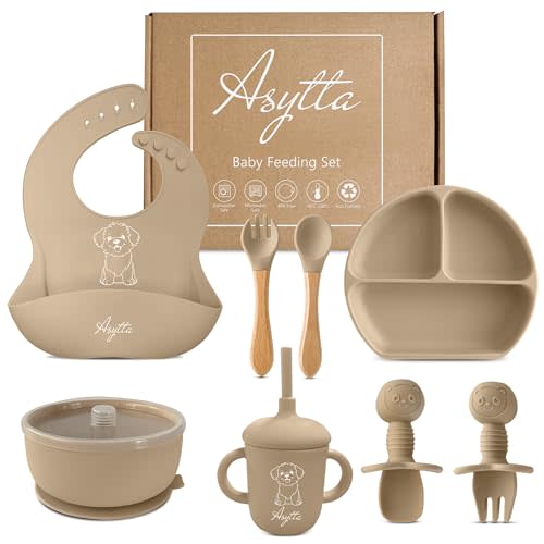 ASYTTA Silicone Baby Feeding Set – 6 Piece BPA-Free Baby Led Weaning Supplies – Toddler Eating Essentials with Baby Bib, Suction Plate, Suction Bowl, Sippy Cup, Forks, & Utensils | 6+ Months (Beige)