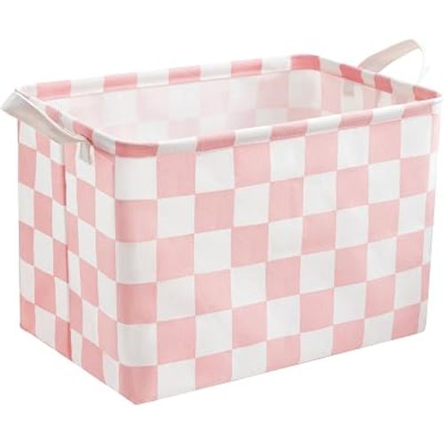 Ohocut Pink White Checkered Canvas Basket, Rectangular Organizing Decorative Storage Basket for Kids Dog Toy, Cute Aesthetic Race Cars Boy Room Decor for Home, Kitchen, Bedroom, Classroom, Shelves
