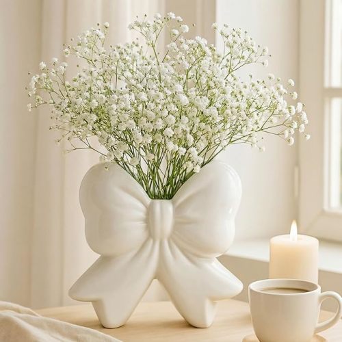 Bow Vase Coquette Ceramic Vase Pen Holder Makeup Brush Holder Contemporary Design Decorative Women Gift for Christmas Home Office Shelf Table Room(White,Small,Classic)