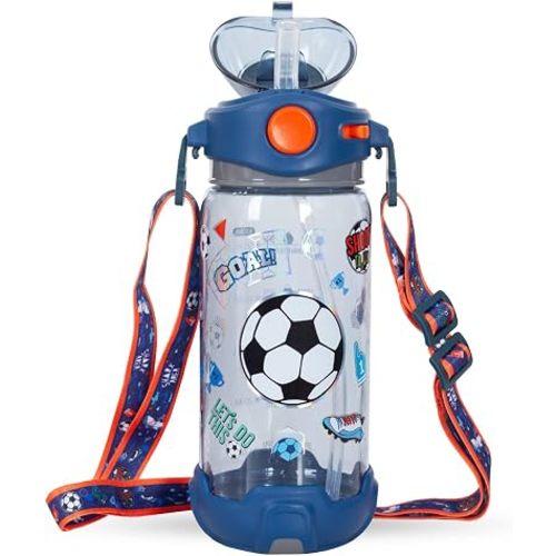 Kids Water Bottle with Straw/Lanyard for School Kids Girls Boys, 22oz BPA Free Child Drinking Water Bottle One-Click-Open Leak-Proof Locking Flip Lid for School Sport Travel