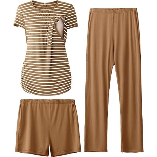 SUNNYBUY Womens Maternity Nursing Pajamas Set, Short Sleeve Breastfeeding Shirts，Pregnancy Shorts & Pants 3 Piece Nursing PJS