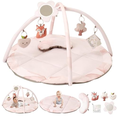 Fortella Baby Play Gym & Activity Mat, Machine Washable & Foldable Tummy Time Mat with 5 Detachable Toys, Certified Safe Newborn Essentials Gift for Baby Registry 0-12 Months (Sage Green)