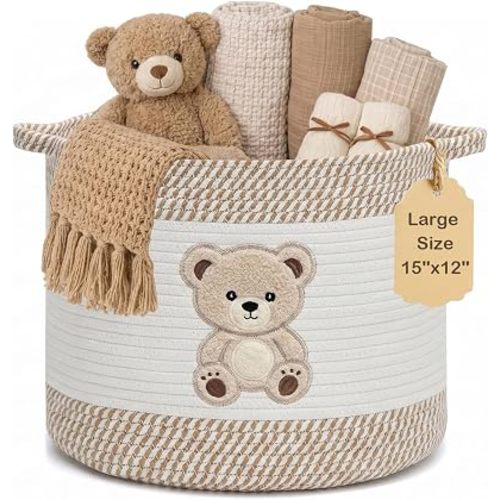 Baby Laundry Basket for Nursery, Large 15”x12”Tedy Bear Storage Baskets