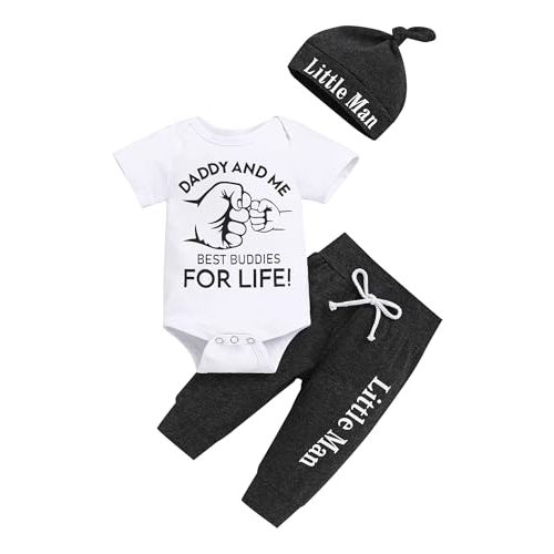 TUEMOS Newborn Infant Baby Boy Clothes Letter Print Romper Pants Set Hat 3PC Outfits Set