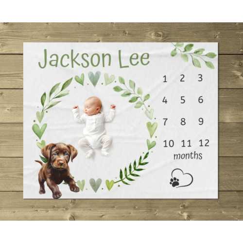 Chocolate Lab Milestone Blanket, Personalized Baby Blanket with Dog, Labrador Retriever Baby Boy Month Blanket, Puppy Baby Growth Blanket