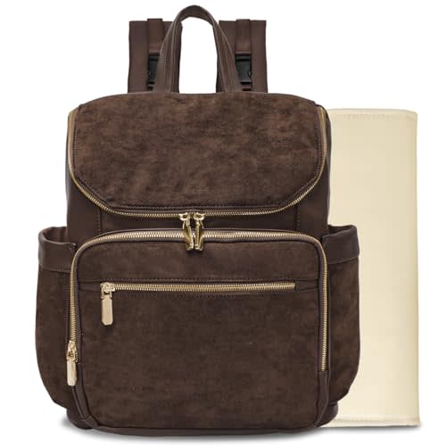 miss fong Leather Diaper Bag Backpack Suede Baby Backpack with Changing Pad | 14Pockets Convertible Mommy Diaper Backpack for Mom Waterproof Wet Pocket,Insulated Pockets,Stroller Straps Luggage Sleeve