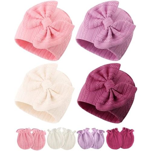 BQUBO Newborn Baby Hats Bear Ears and Mittens Sets Preemie Caps Baby Boy Girl Infant Hospital Beanie for 0-3 Months