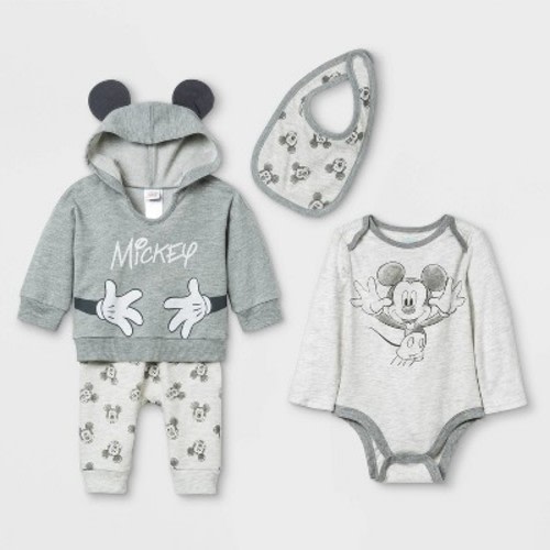 Baby Boys' 4pc Mickey Mouse Long Sleeve Top and Bottom Set with Bib - Gray 0-3M