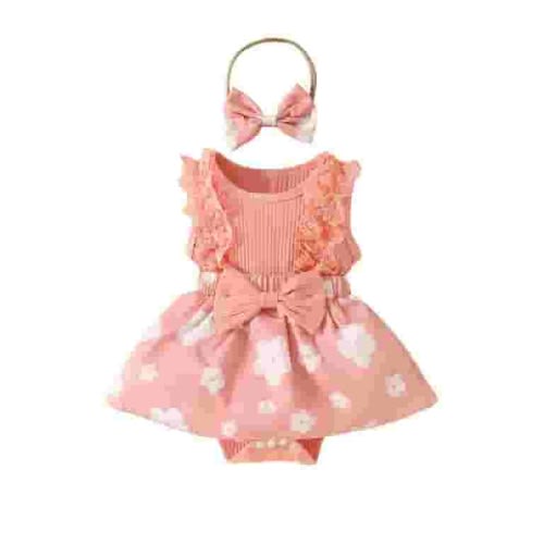 Edvintorg Newborn Girl Clothes Summer Clearance Infant Cotton Outfits Sleeveless Skirt Baby Girl Lace Bow Tie Dress Romper Hair Band Set