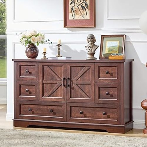 LIDYUK 6 Drawer Cherry Wood Dresser for Bedroom Farmhouse Dresser Chest of Drawers, 55" Wide Clothes Organizer with Storage Cabinet Wood Chest of Drawers for Bedroom, Living Room