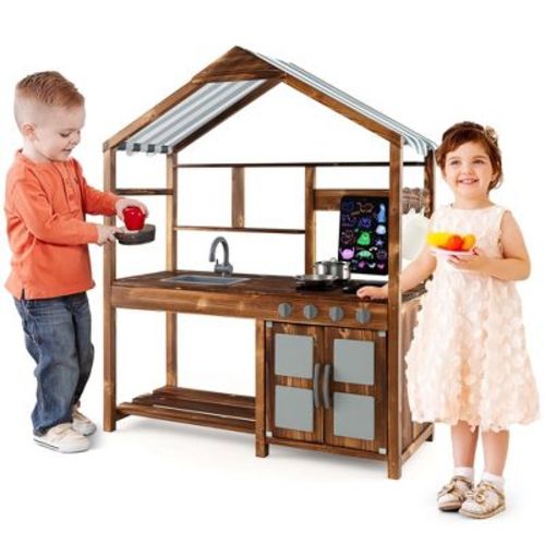 Costway Wooden Mud Kitchen with Chalkboard, Stoves, Removable Sink & Accessories Natural